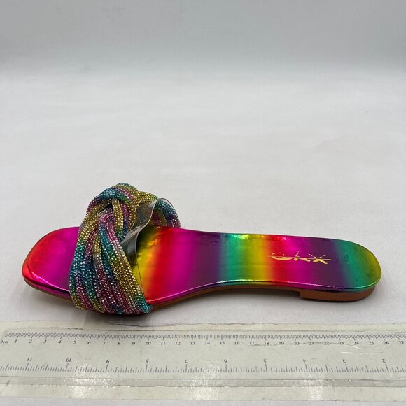 XYD Rainbow Multi Glitter Shiny Rhinestone Straps Slide Sandals Open Toe Flat - Picture 2 of 8